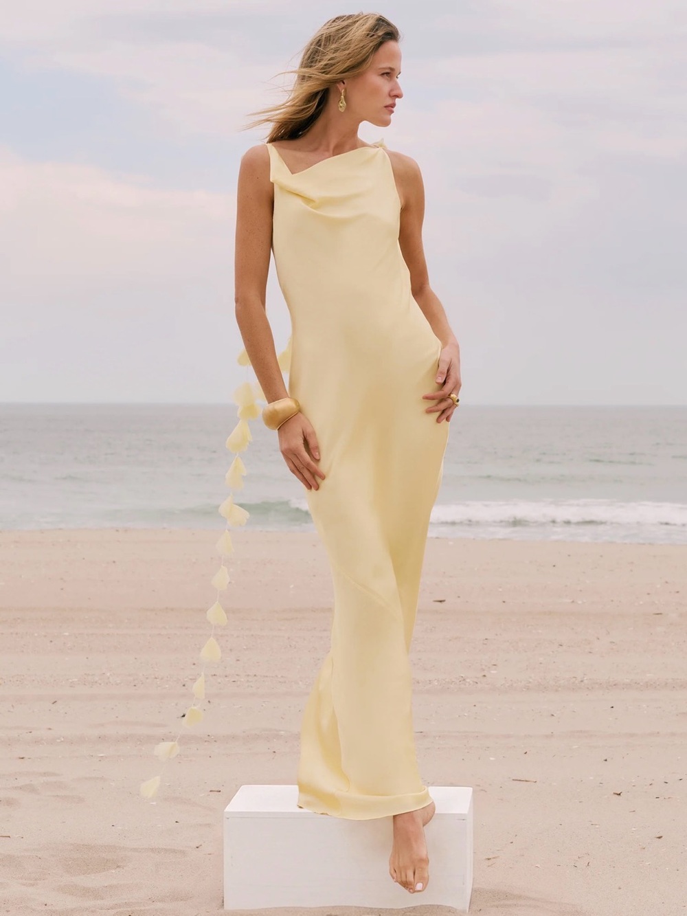 One-Shoulder Pale Yellow Evening Gown